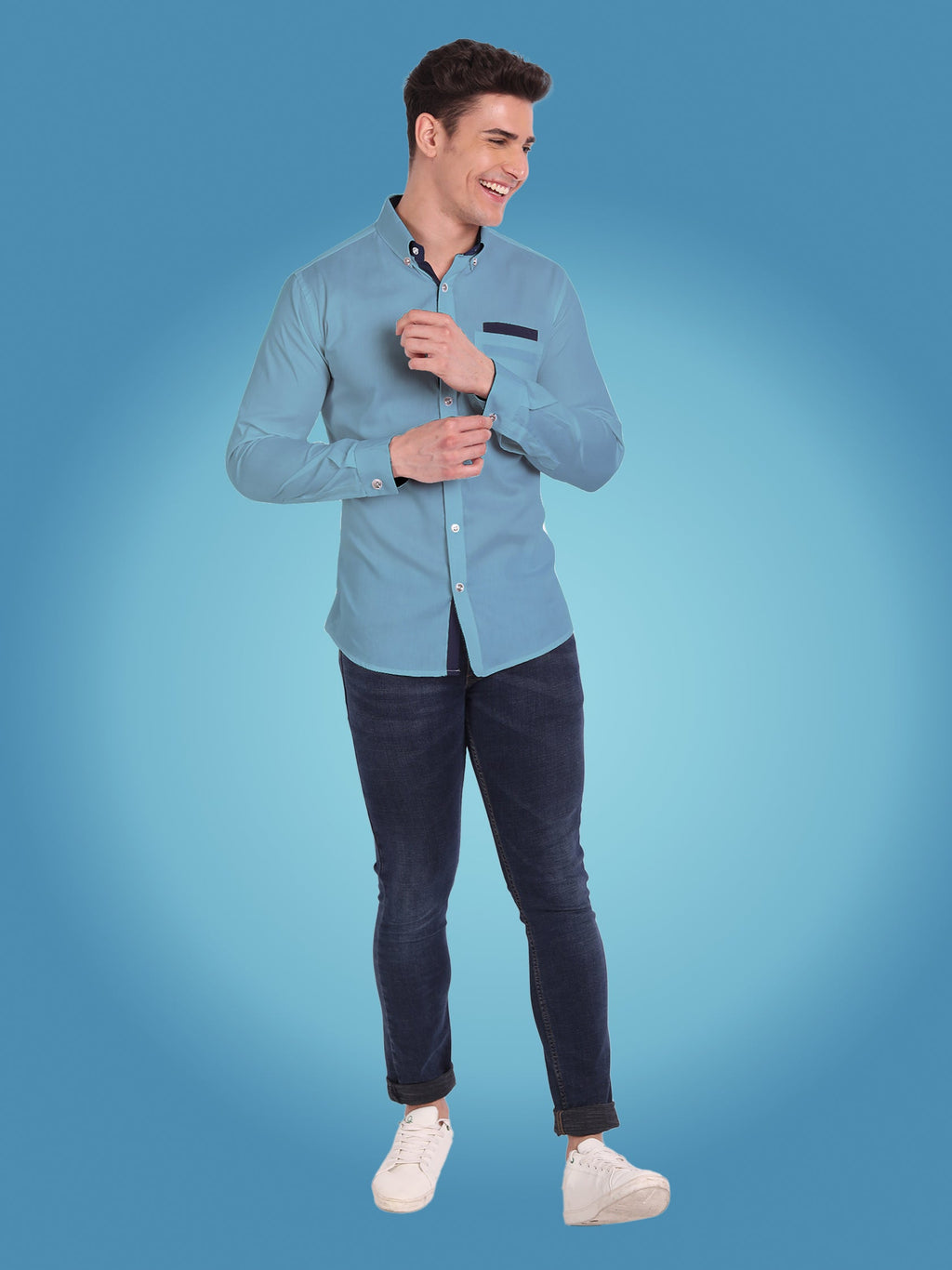 Men's Casual Full Sleeve Silver Button Shirt in White by BLUE ROBED, fabric detail