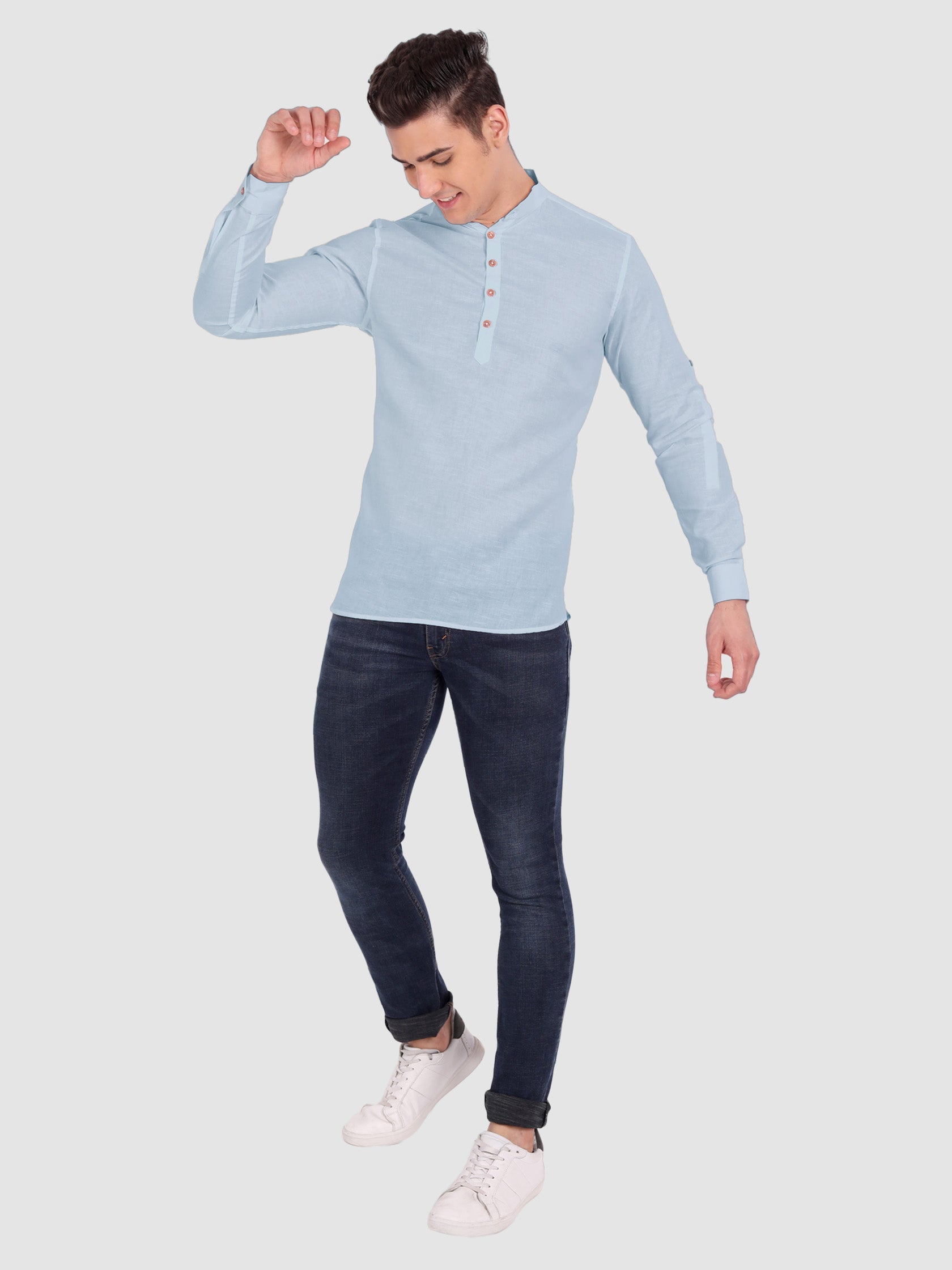 BLUE ROBED men's Casual Slim Fit Full Sleeve Cotton Kurta in Sky Blue view 26