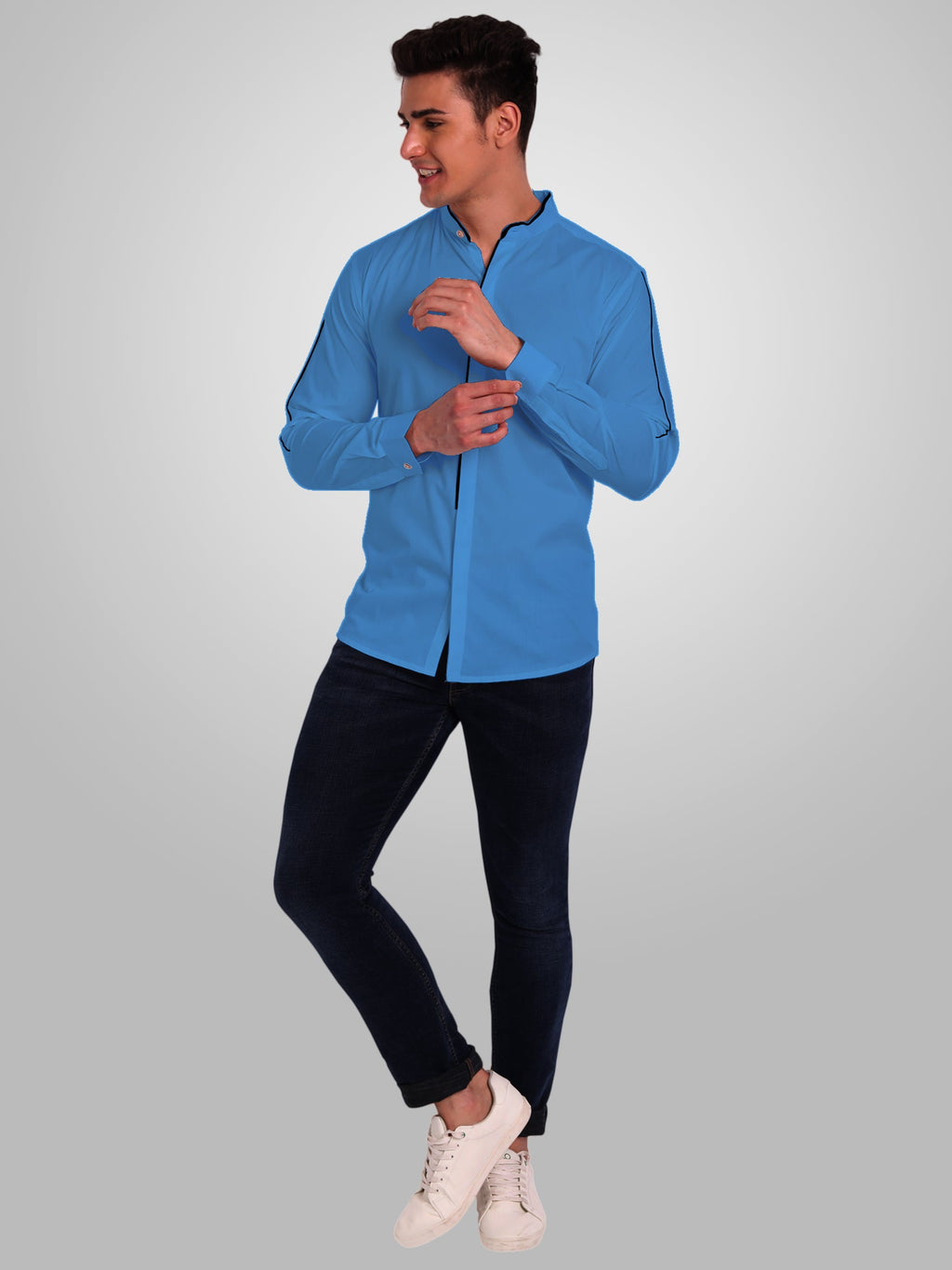 Men's Shoulder Piping Full Sleeve Shirt in Black by BLUE ROBED, detail view