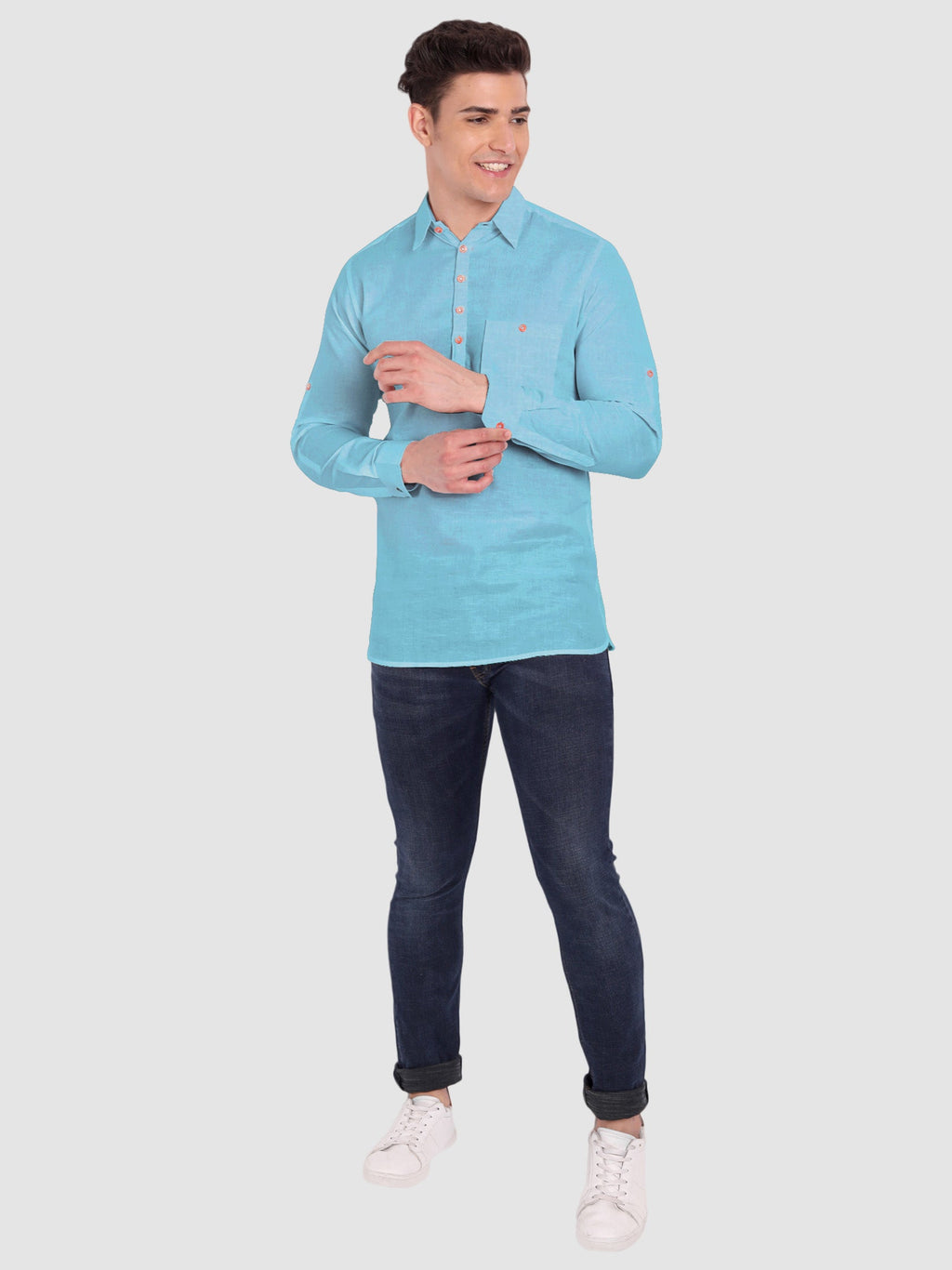 BLUE ROBED men's Full Sleeve Casual Cotton Kurta in Sky Blue view 61