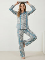 Women's Two Piece Set, Baby Sky Blue, Shirts with Wide Leg Trousers, Full Sleeve