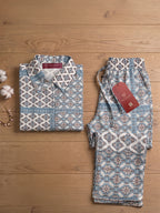 Women's Two Piece Set, Baby Sky Blue, Shirts with Wide Leg Trousers, Full Sleeve