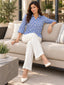 Women’s Pure Cotton Blue Printed Shirt Top | 3/4 Sleeve Collared Casual Tunic | Comfortable Regular Fit