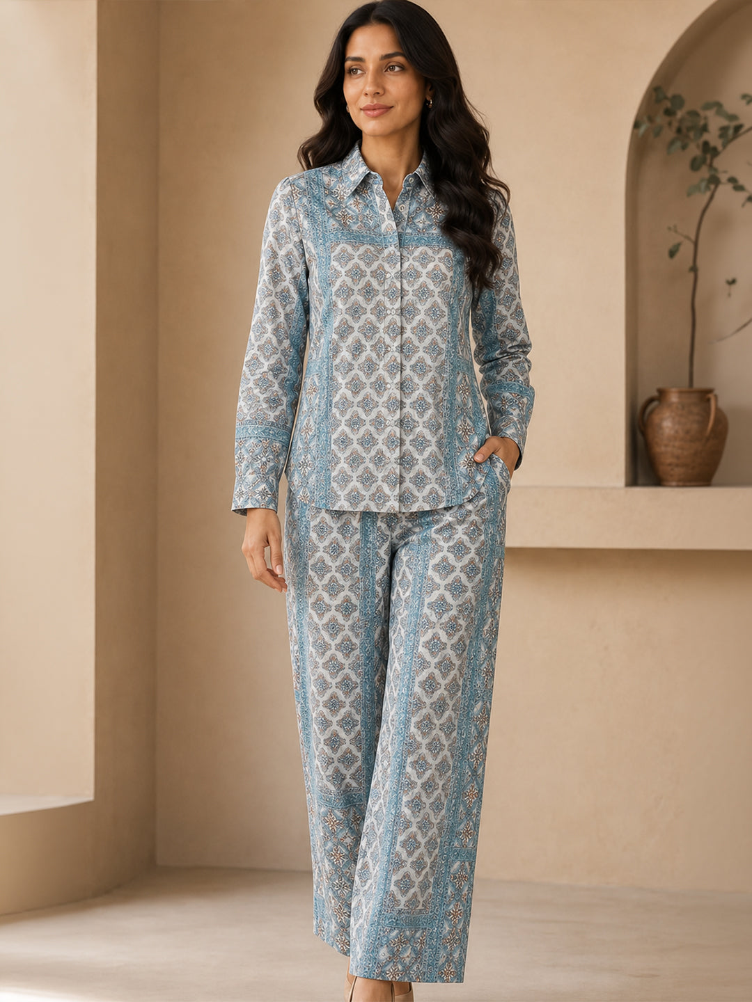Women's Two Piece Set, Baby Sky Blue, Shirts with Wide Leg Trousers, Full Sleeve Main image