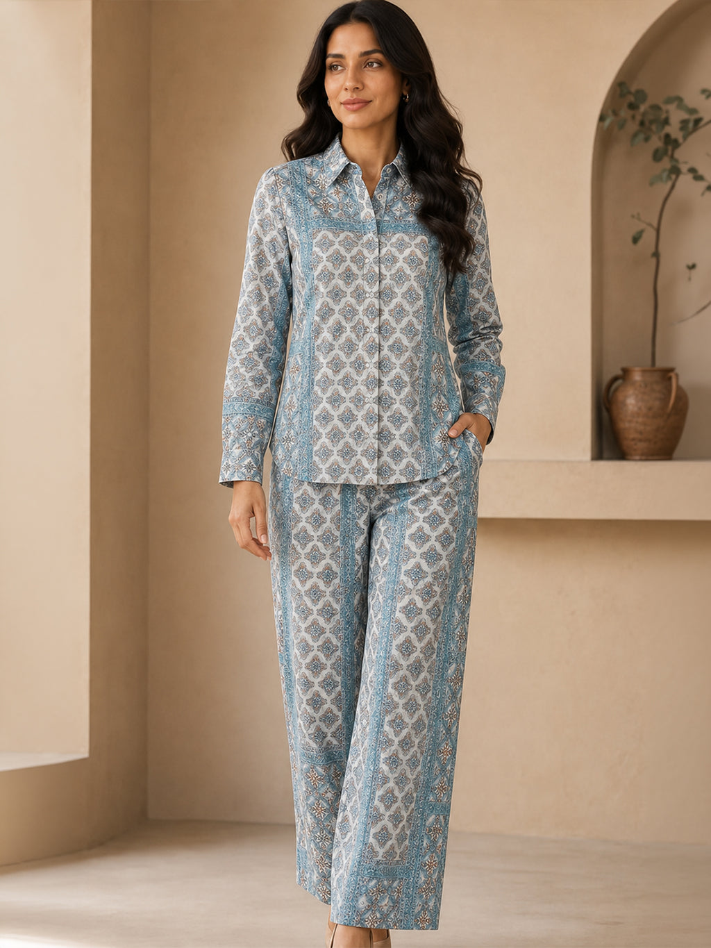 Women's Two Piece Set, Baby Sky Blue, Shirts with Wide Leg Trousers, Full Sleeve