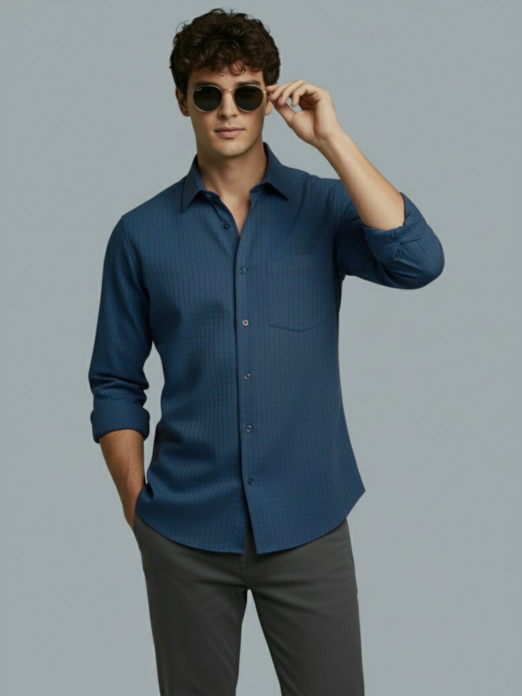 Men's Full Sleeve Spread Collar Premium Casual Shirt for Men Daily Wear in Black by BLUE ROBED, fit view