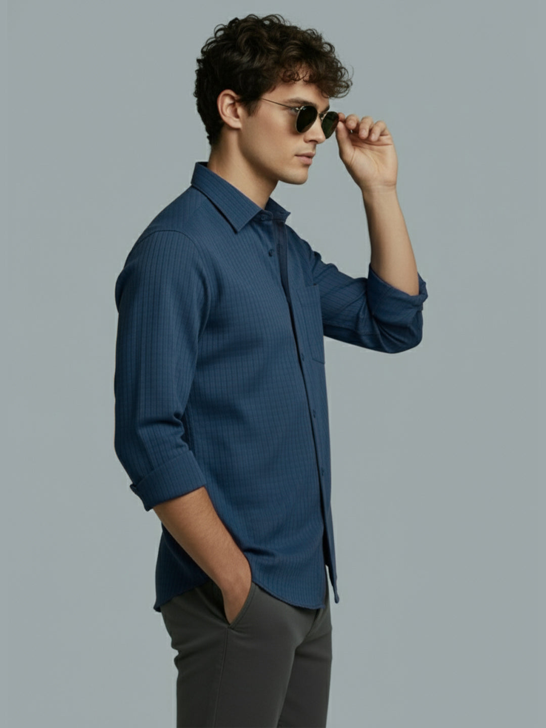 Men's Full Sleeve Spread Collar Premium Casual Shirt for Men Daily Wear in Black by BLUE ROBED, front view