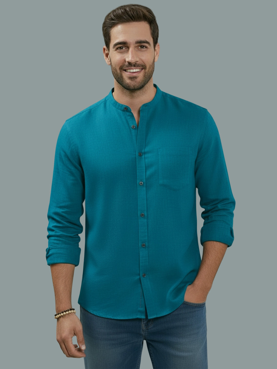 Full Sleeve Chinese Collar Cotton Slim Shirt for Men and Boys in Shirt For Men And Pink by BLUE ROBED, fabric detail