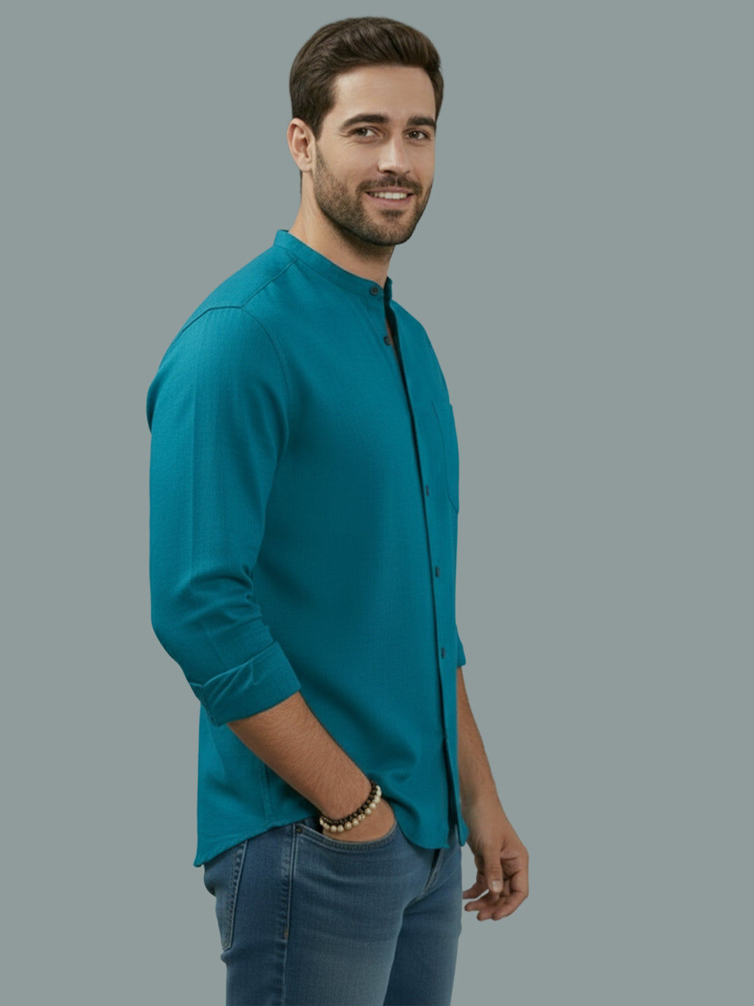 Full Sleeve Chinese Collar Cotton Slim Shirt for Men and Boys in Shirt For Men And Pink by BLUE ROBED, style view