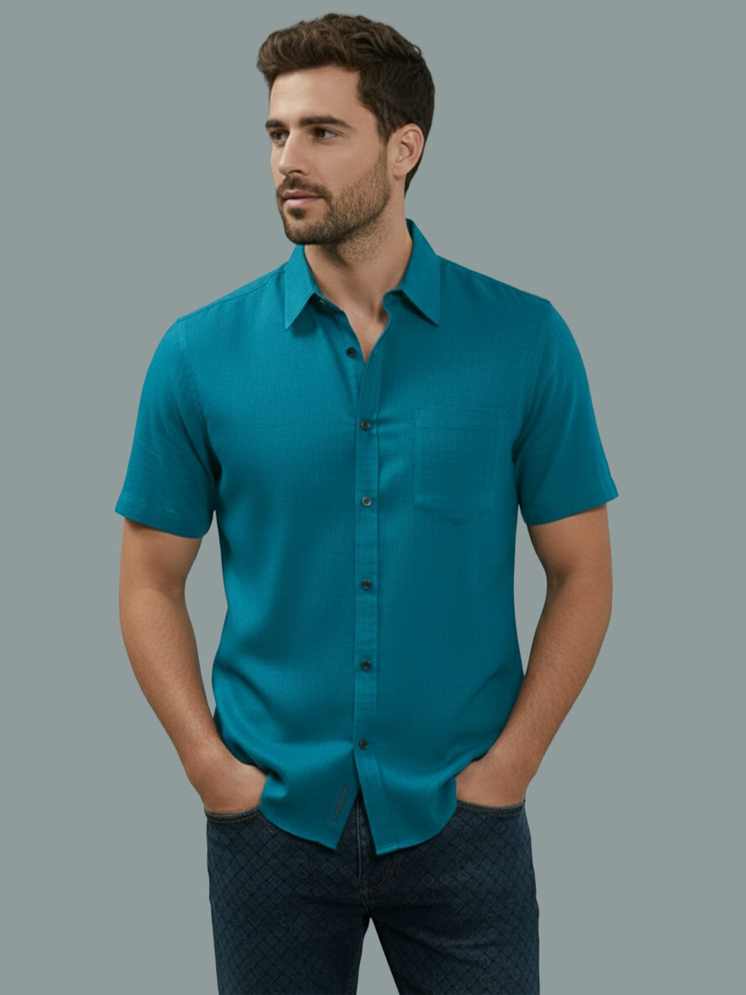 Half Sleeve Spread Collar Cotton Slim Shirt for Men and Boys in Shirt For Men And Yellow by BLUE ROBED, side view