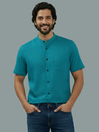 Half Sleeve Chinese Collar Cotton Slim Shirt for Men and Boys in Shirt For Men And White by BLUE ROBED, fabric detail