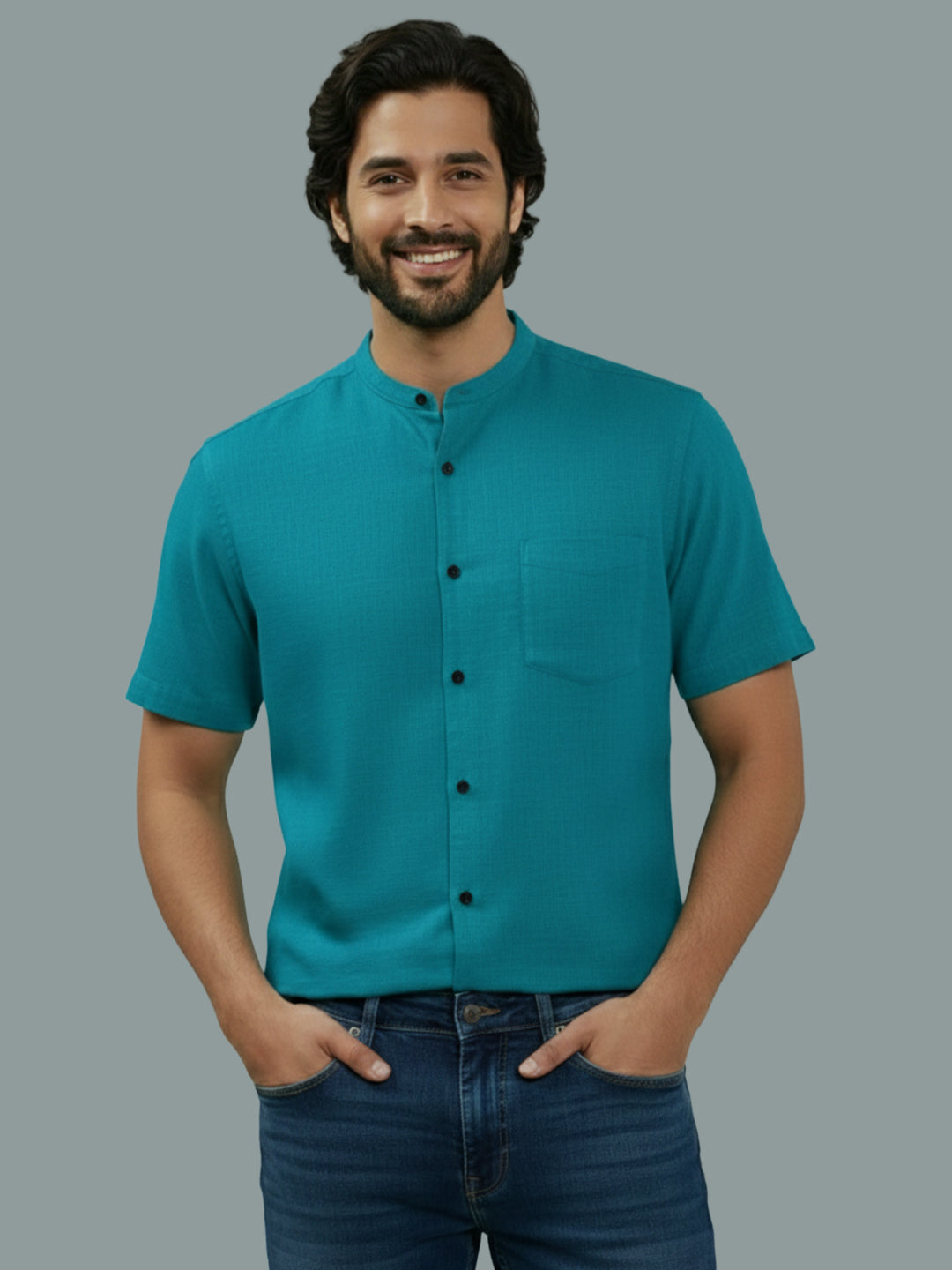 Half Sleeve Chinese Collar Cotton Slim Shirt for Men and Boys in Shirt For Men And White by BLUE ROBED, fabric detail