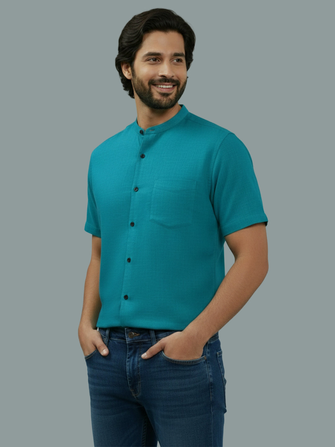 Half Sleeve Chinese Collar Cotton Slim Shirt for Men and Boys in Shirt For Men And White by BLUE ROBED, side view