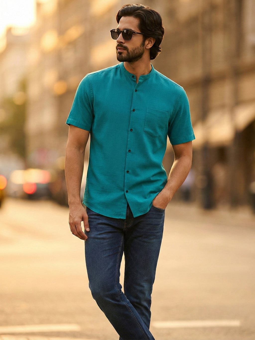 Half Sleeve Chinese Collar Cotton Slim Shirt for Men and Boys in Shirt For Men And White by BLUE ROBED, front view