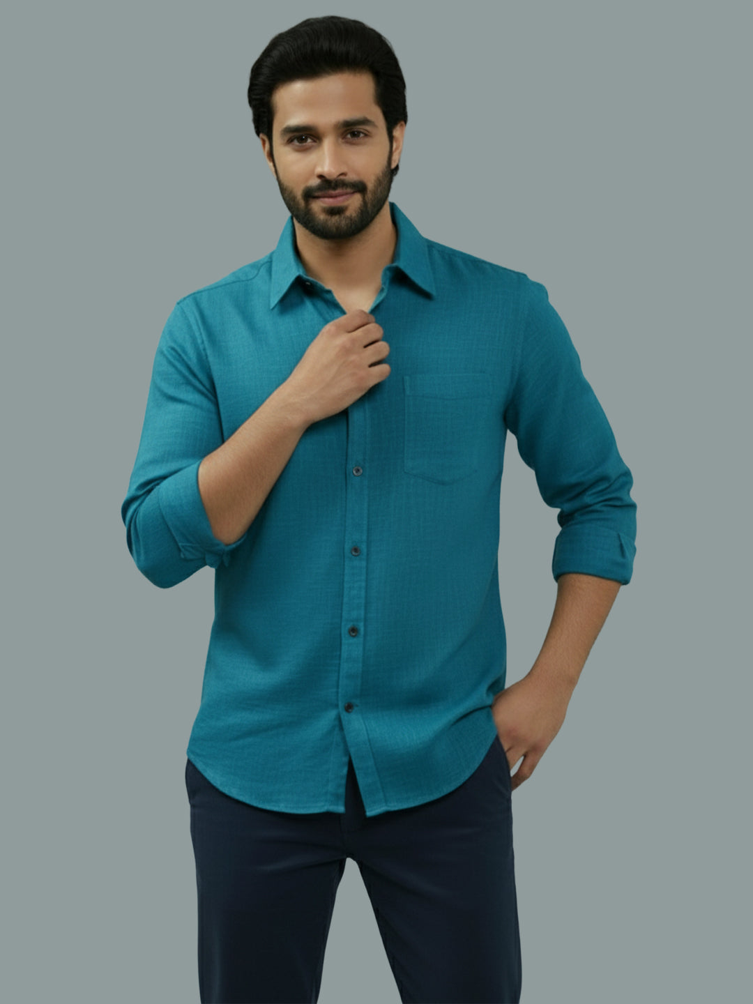 Full Sleeve Spread Collar Cotton Slim Shirt for Men and Boys in Shirt For Men And Green by BLUE ROBED, style view