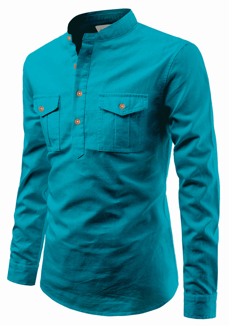 BLUE ROBED men's Casual Slim Fit Full Sleeve Double Pocket Cotton Kurta in Teal view 99