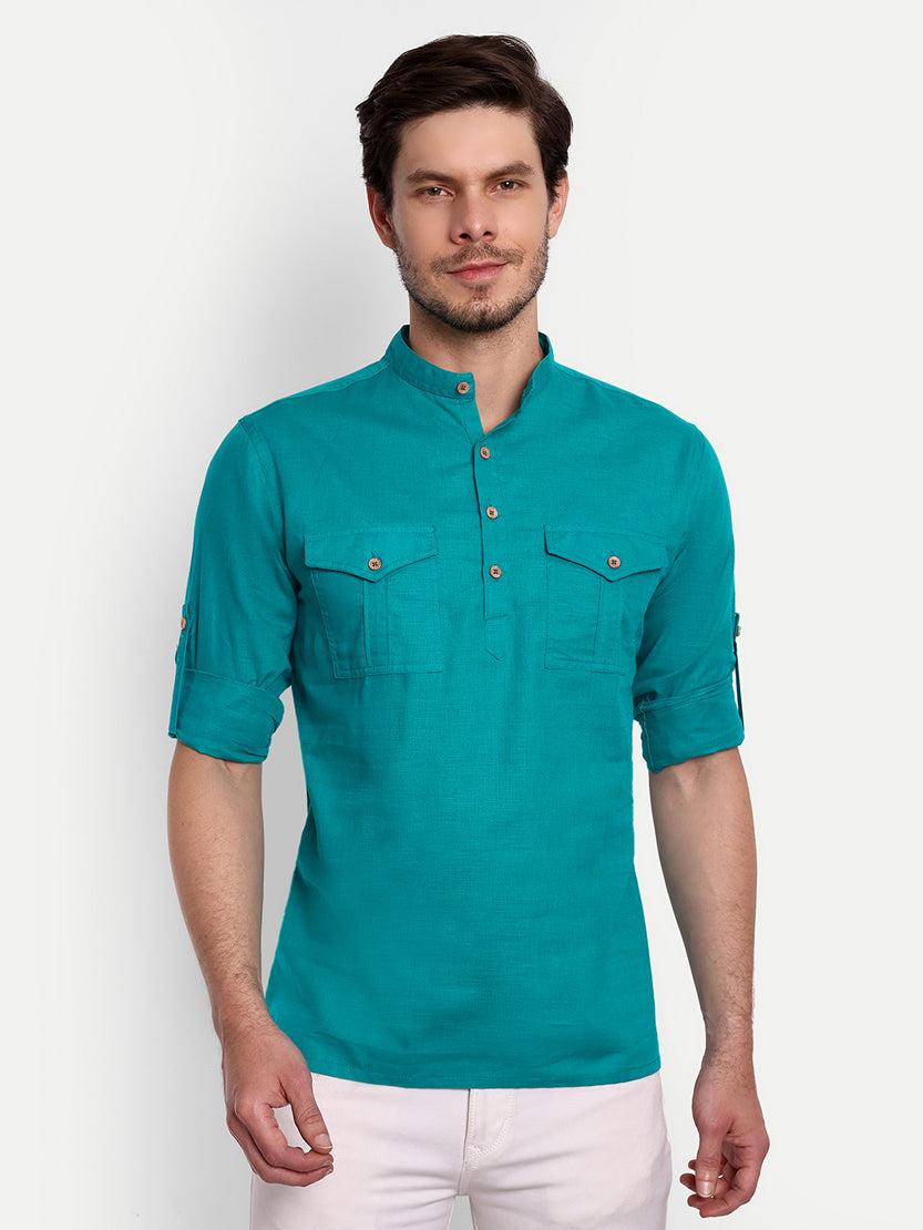 BLUE ROBED men's Casual Slim Fit Full Sleeve Double Pocket Cotton Trendy Kurta in Teal view 71