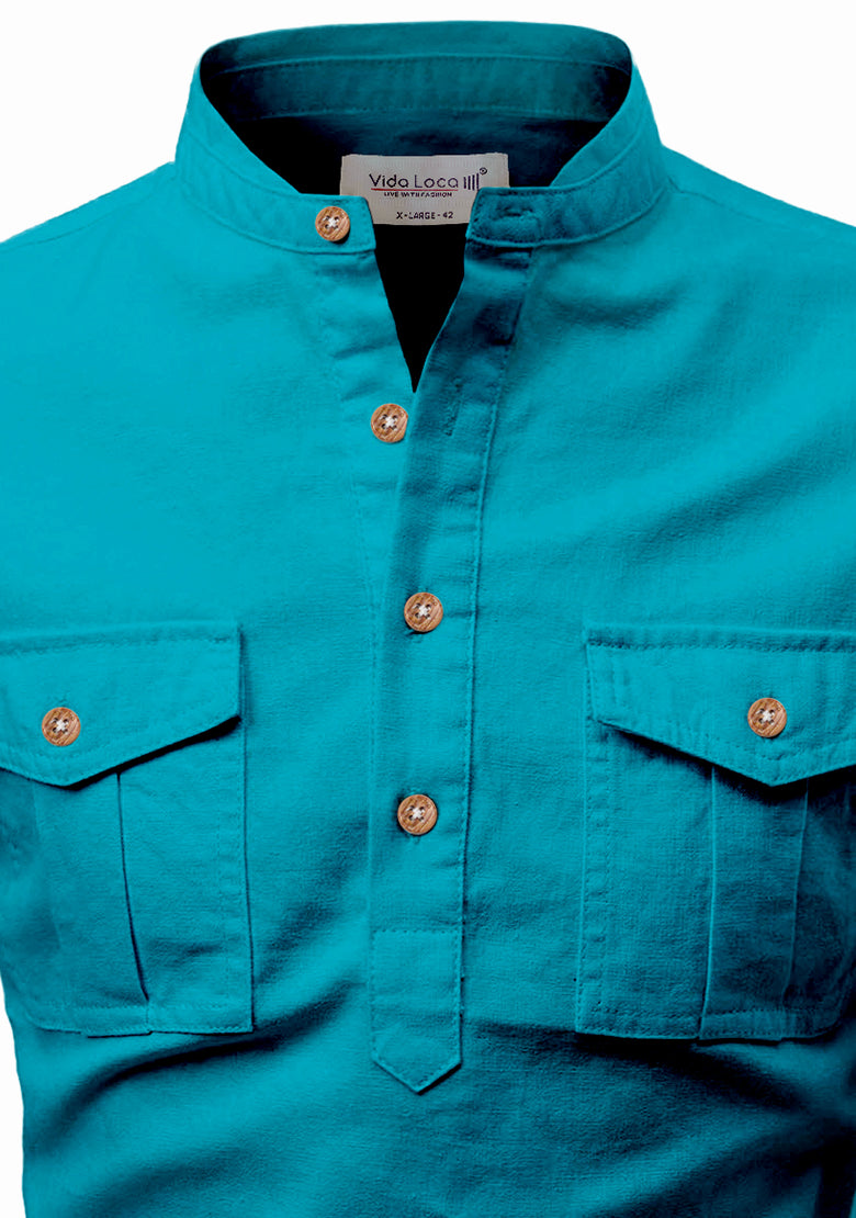 BLUE ROBED men's Casual Slim Fit Full Sleeve Double Pocket Cotton Kurta in Teal view 101