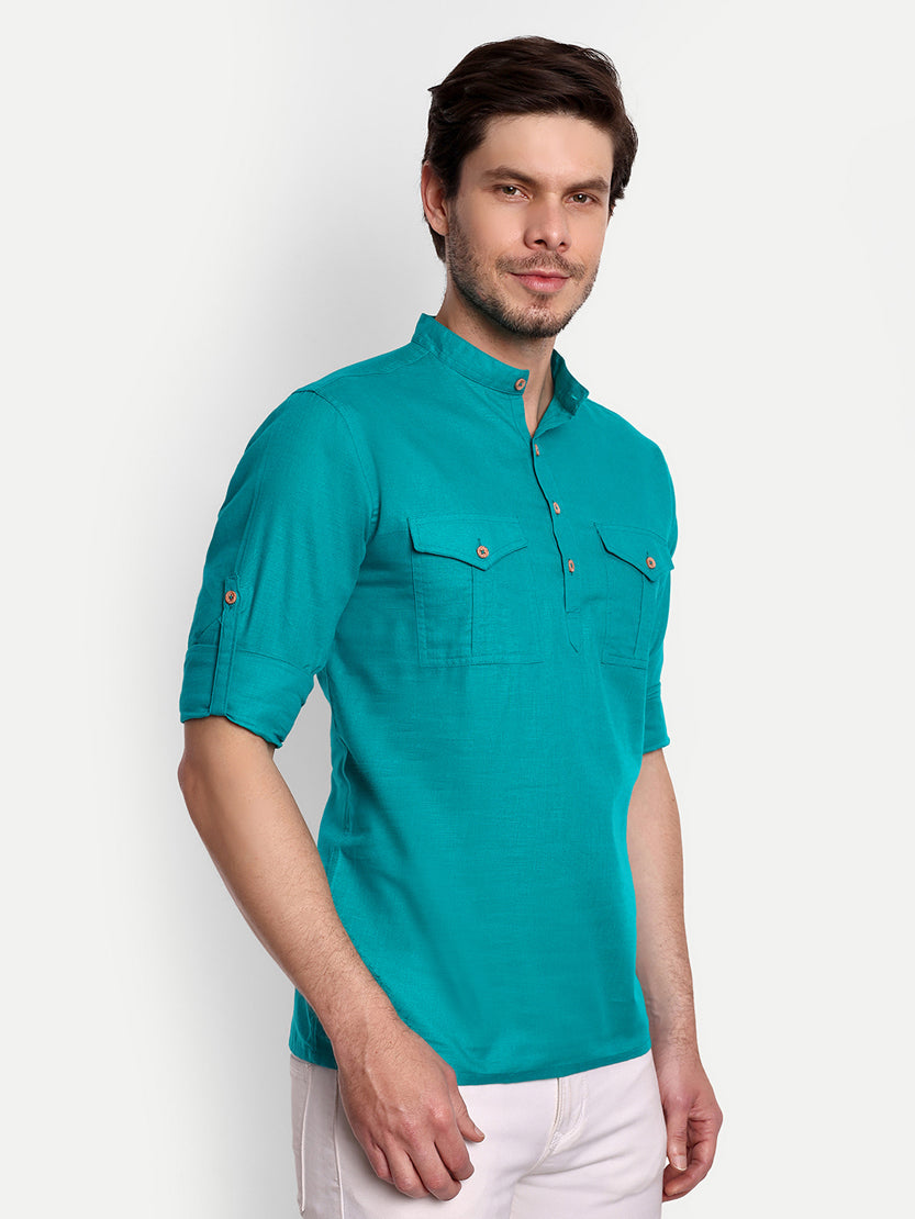 BLUE ROBED men's Casual Slim Fit Full Sleeve Double Pocket Cotton Trendy Kurta in Teal view 72