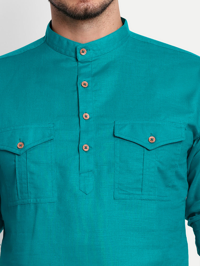 BLUE ROBED men's Casual Slim Fit Full Sleeve Double Pocket Cotton Trendy Kurta in Teal view 74
