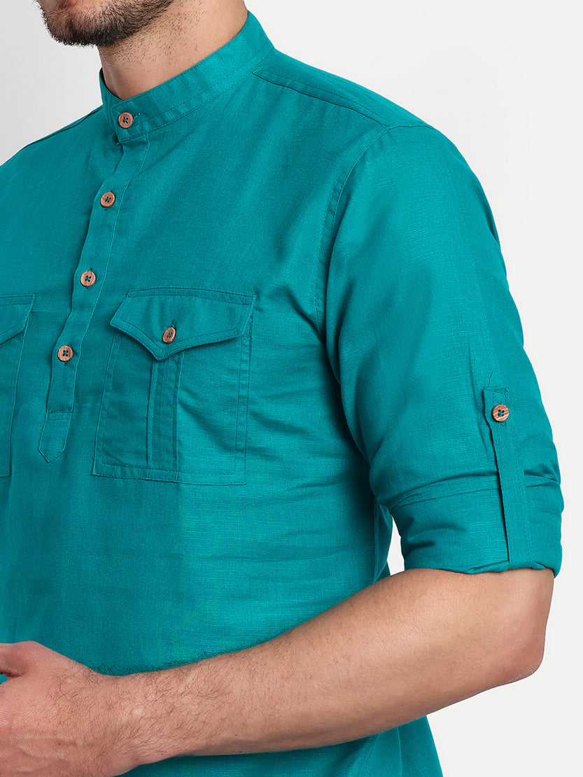 BLUE ROBED men's Casual Slim Fit Full Sleeve Double Pocket Cotton Trendy Kurta in Teal view 75