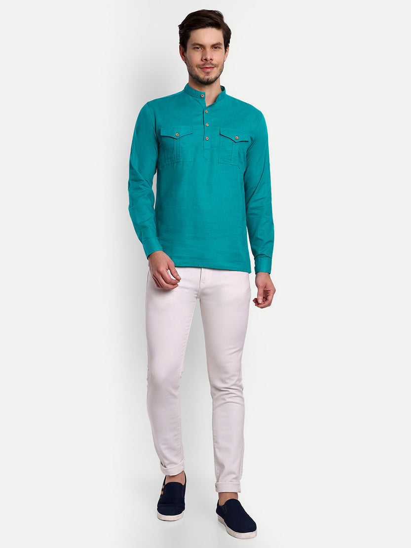 BLUE ROBED men's Casual Slim Fit Full Sleeve Double Pocket Cotton Trendy Kurta in Teal view 77
