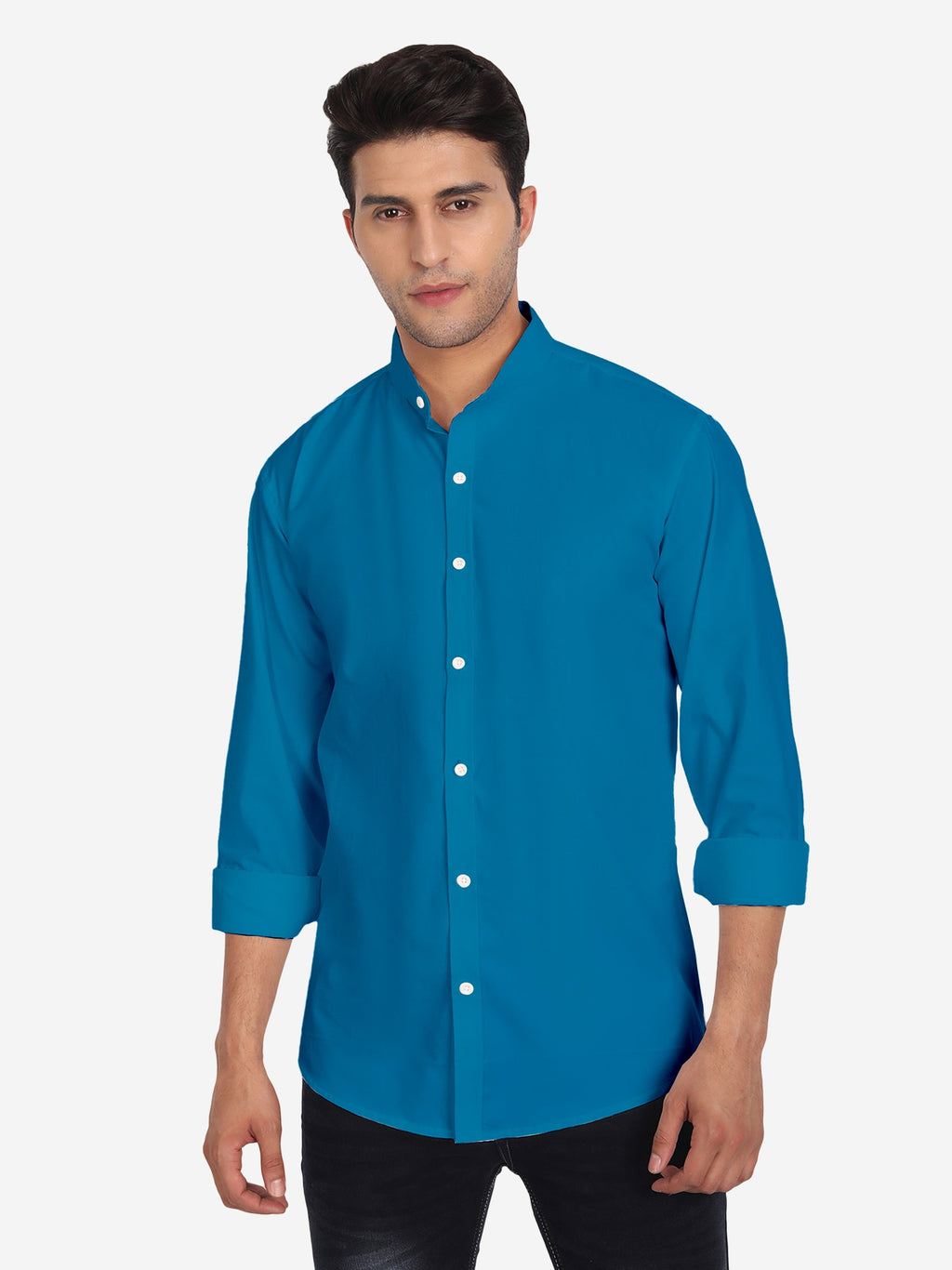 Men's Pure Cotton Mandarin Collar Casual Shirt in White by BLUE ROBED, fabric detail