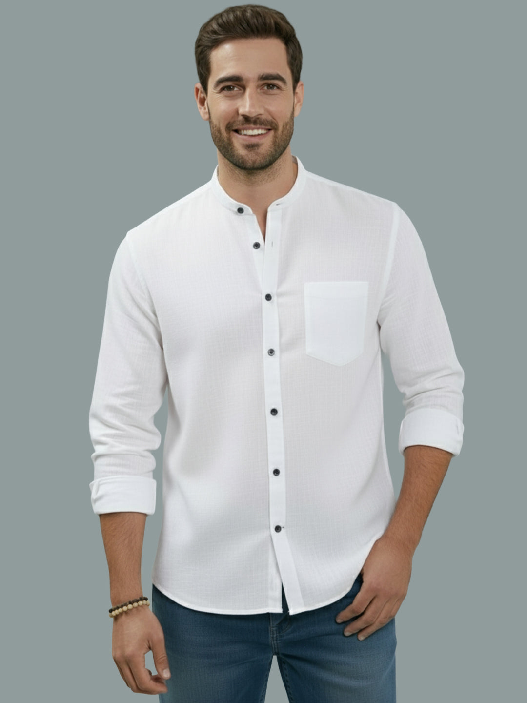 Full Sleeve Chinese Collar Cotton Slim Shirt for Men and Boys in Shirt For Men And Pink by BLUE ROBED, front view