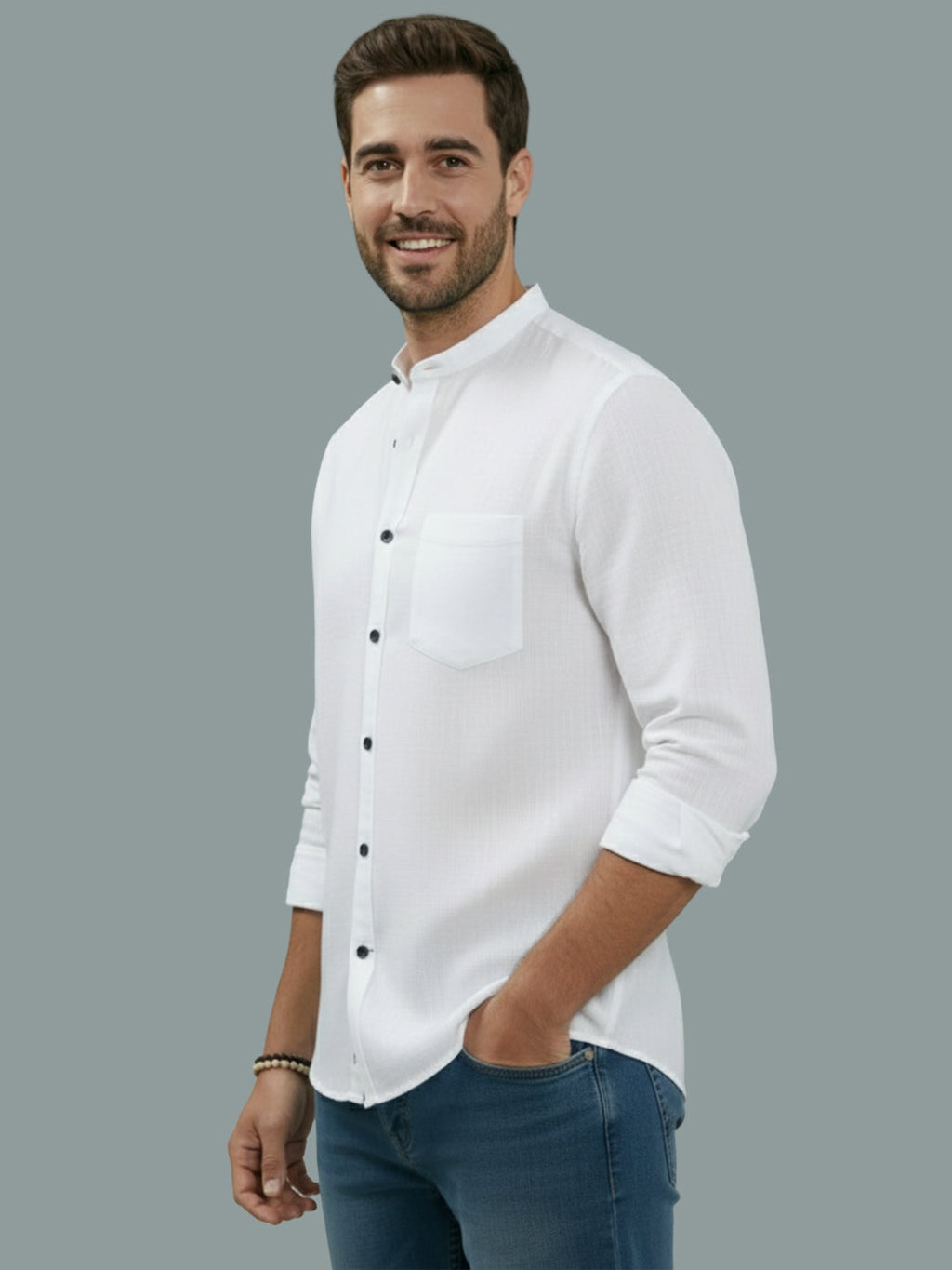 Full Sleeve Chinese Collar Cotton Slim Shirt for Men and Boys in Shirt For Men And Pink by BLUE ROBED, back view