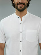 Half Sleeve Chinese Collar Cotton Slim Shirt for Men and Boys in Shirt For Men And White by BLUE ROBED, fit view