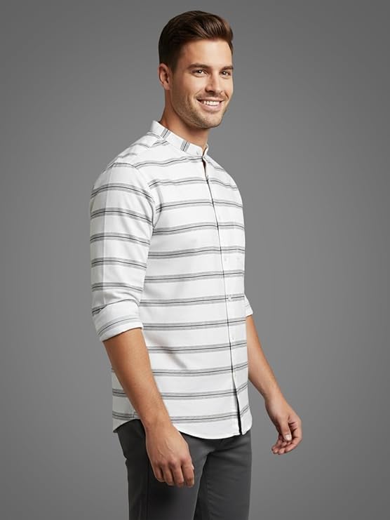Men's Multi Stripe Strip Full Sleeve Shirt in White by BLUE ROBED, fit view