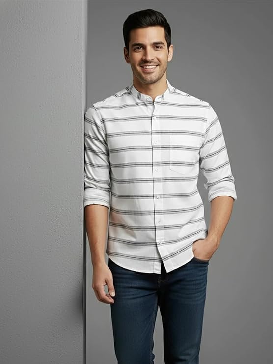 Men's Multi Stripe Strip Full Sleeve Shirt in White by BLUE ROBED, style view