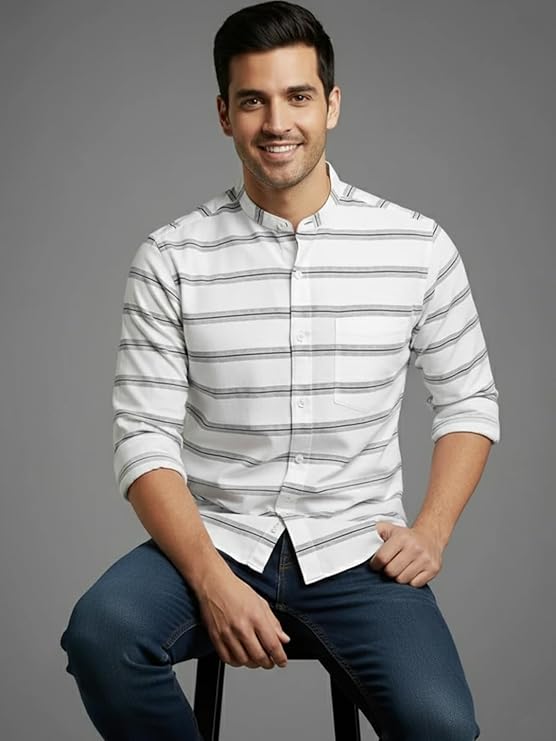 Men's Multi Stripe Strip Full Sleeve Shirt in White by BLUE ROBED Main image