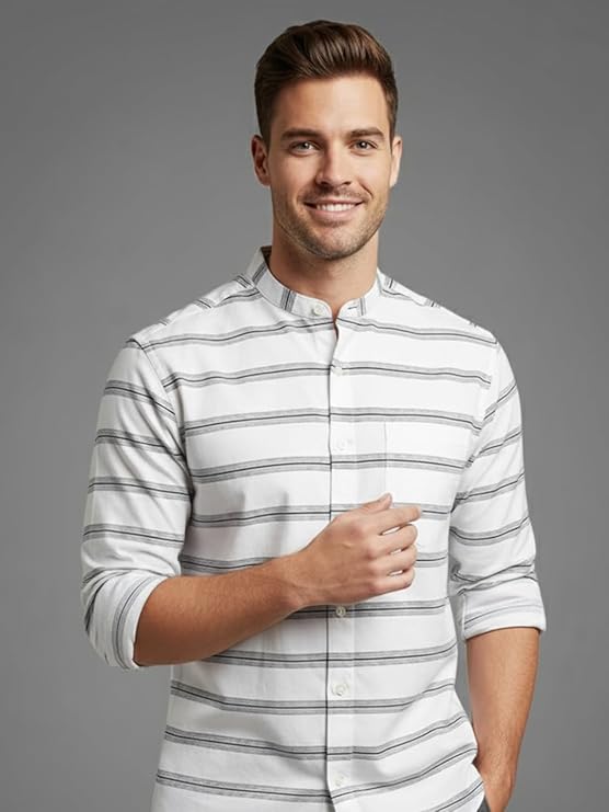 Men's Multi Stripe Strip Full Sleeve Shirt in White by BLUE ROBED, side view