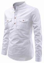 BLUE ROBED men's Casual Slim Fit Full Sleeve Double Pocket Cotton Kurta in White