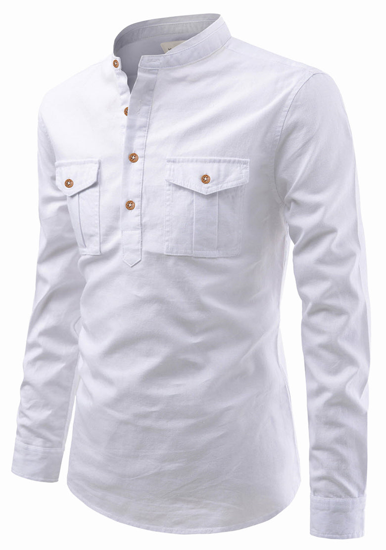 BLUE ROBED men's Casual Slim Fit Full Sleeve Double Pocket Cotton Kurta in White