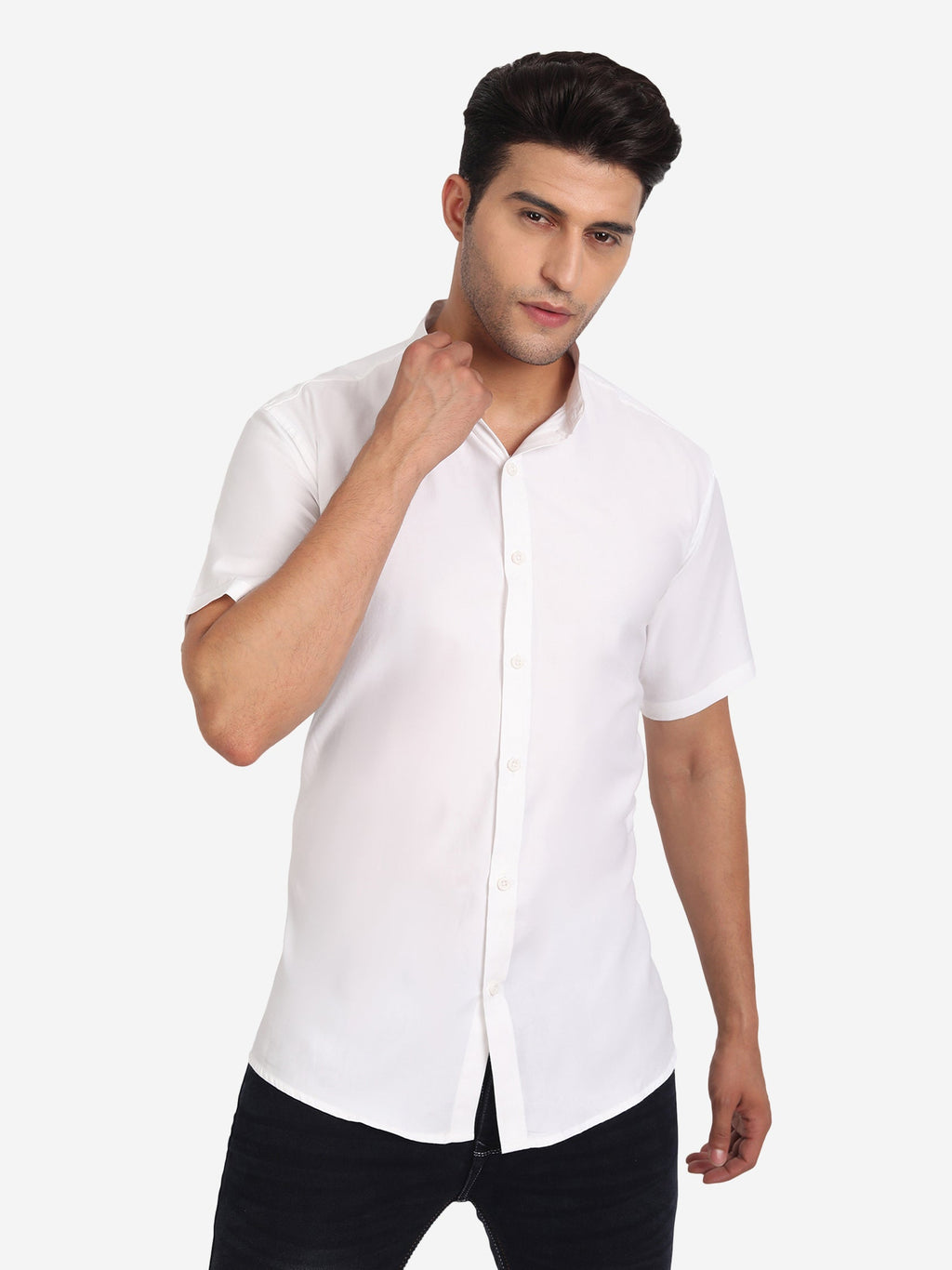 Men's Pure Cotton Mandarin Collar Casual Half Sleeve Shirt in White by BLUE ROBED