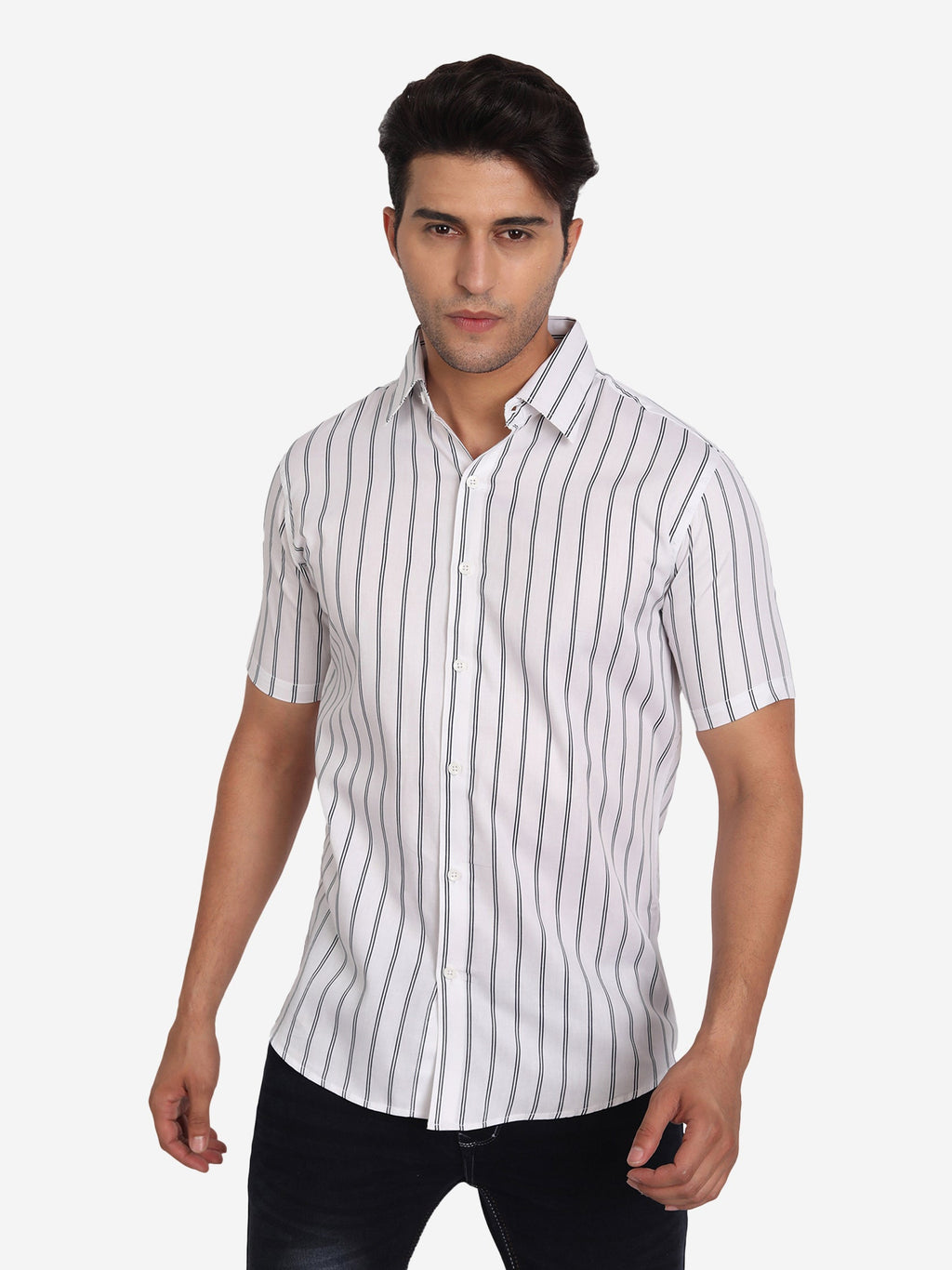 Men's Double Strip Half Sleeve Shirt in White by BLUE ROBED