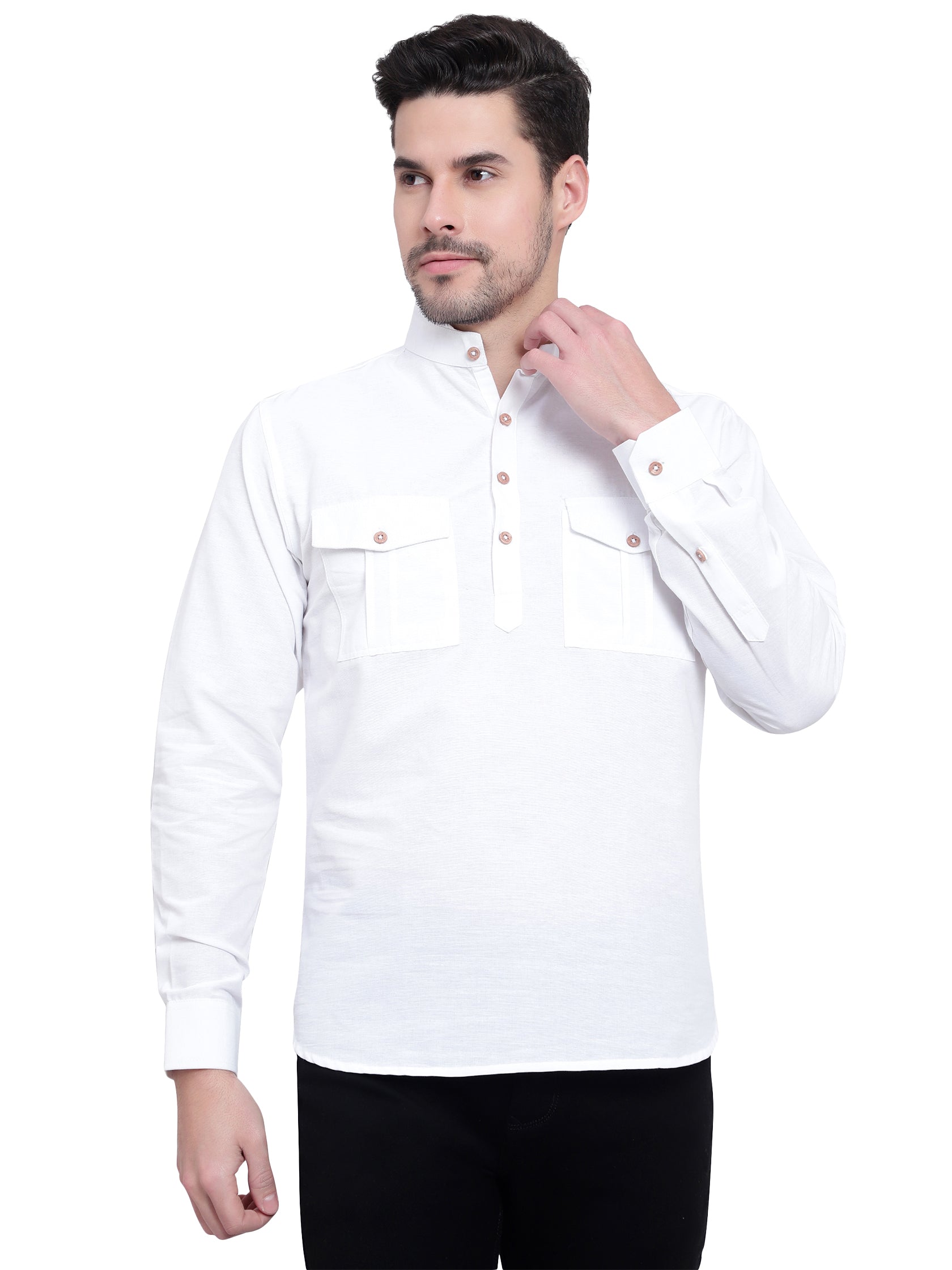 BLUE ROBED men's Casual Slim Fit Full Sleeve Double Pocket Cotton Trendy Kurta in White view 15