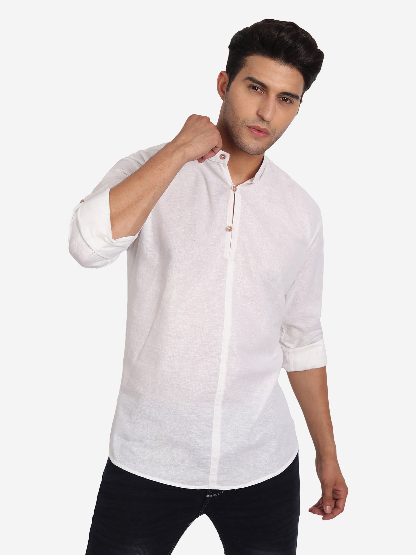 BLUE ROBED Men Double Button Slim Fit Casual Kurta in White view 9