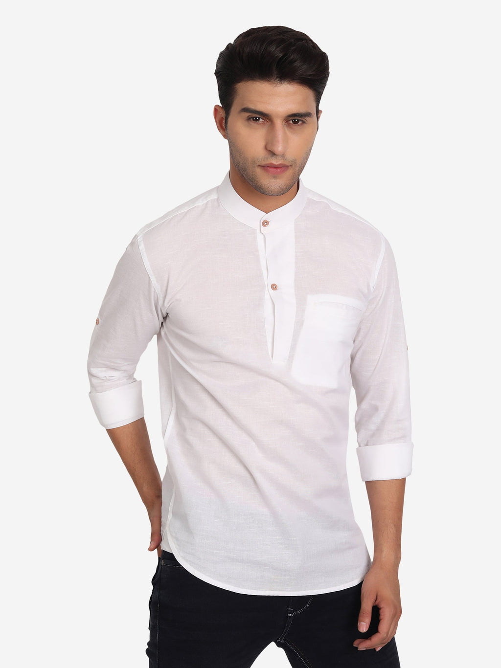 BLUE ROBED Men Pure Cotton Broad Placket Short Kurta in White view 7