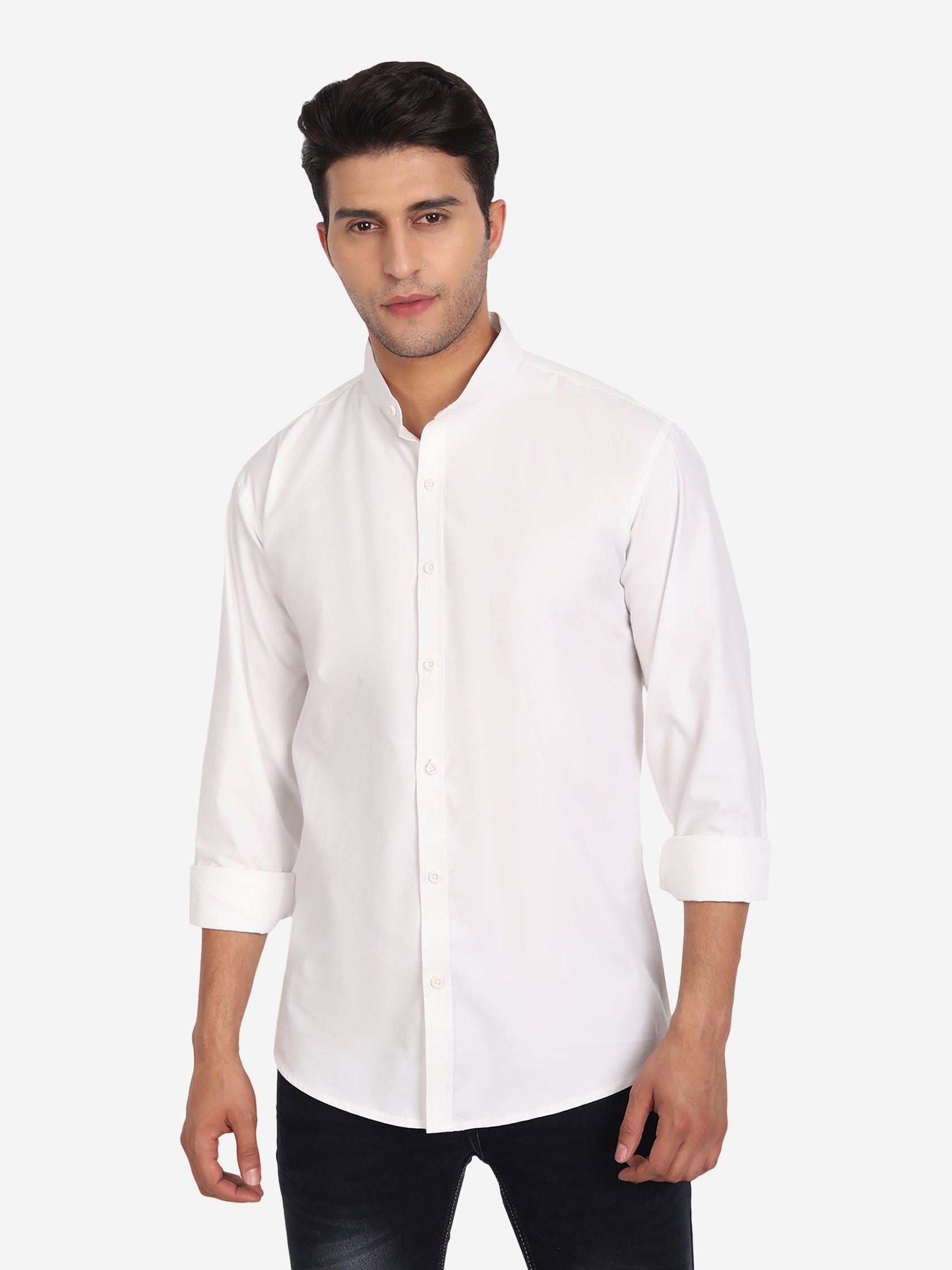 Men's Pure Cotton Mandarin Collar Casual Shirt in White by BLUE ROBED Main image