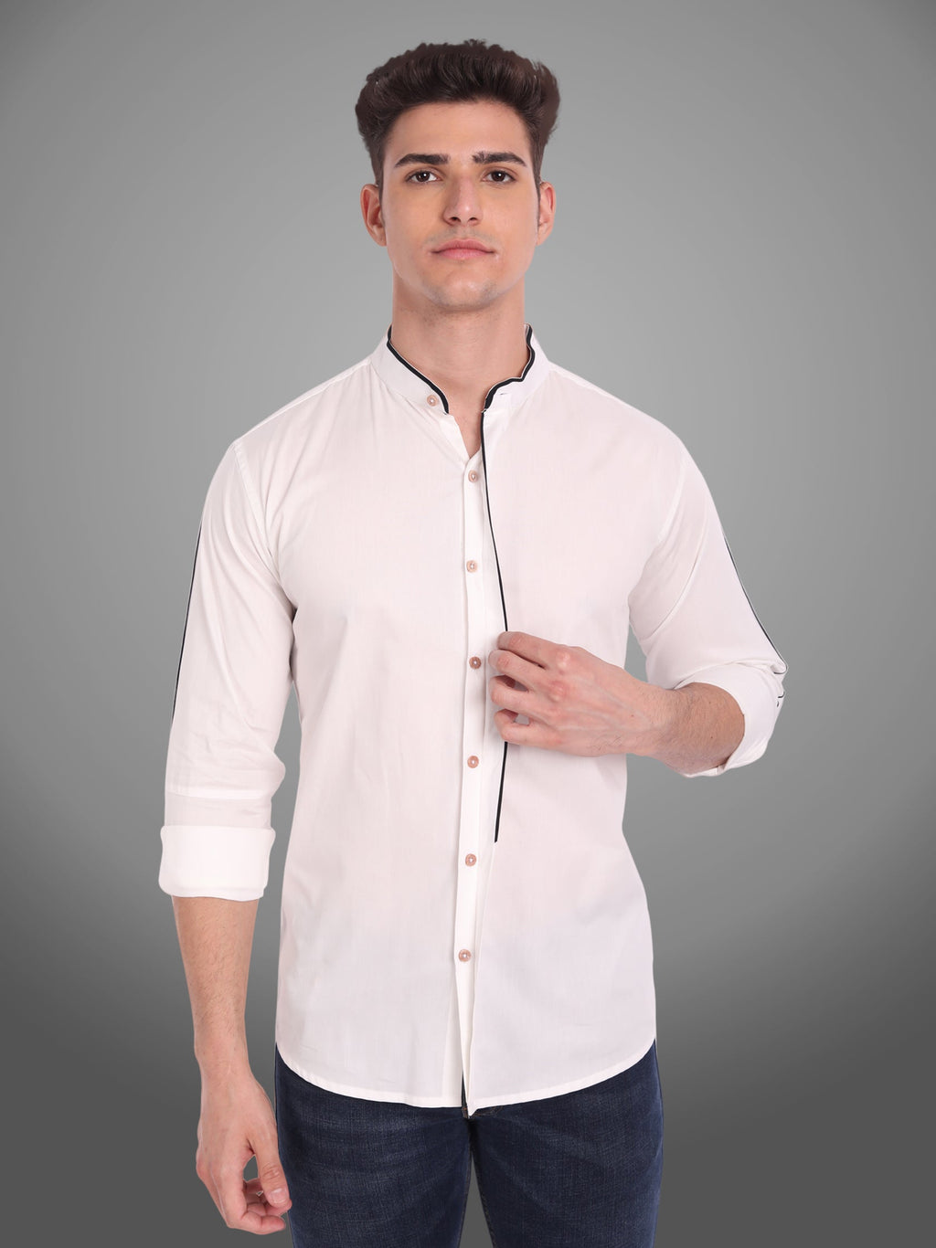 Men's Shoulder Piping Full Sleeve Shirt in Black by BLUE ROBED, fit view