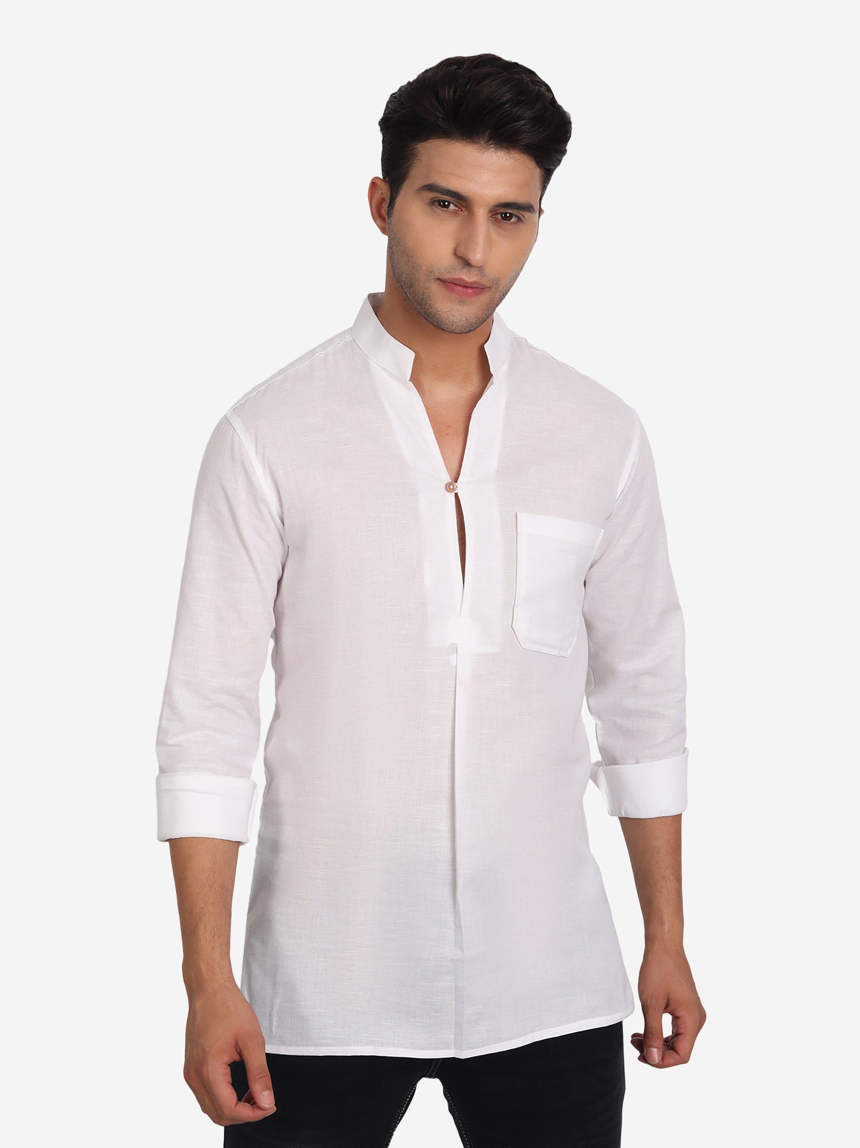 BLUE ROBED Men Single Button Slim Fit Casual Kurta in White Main image
