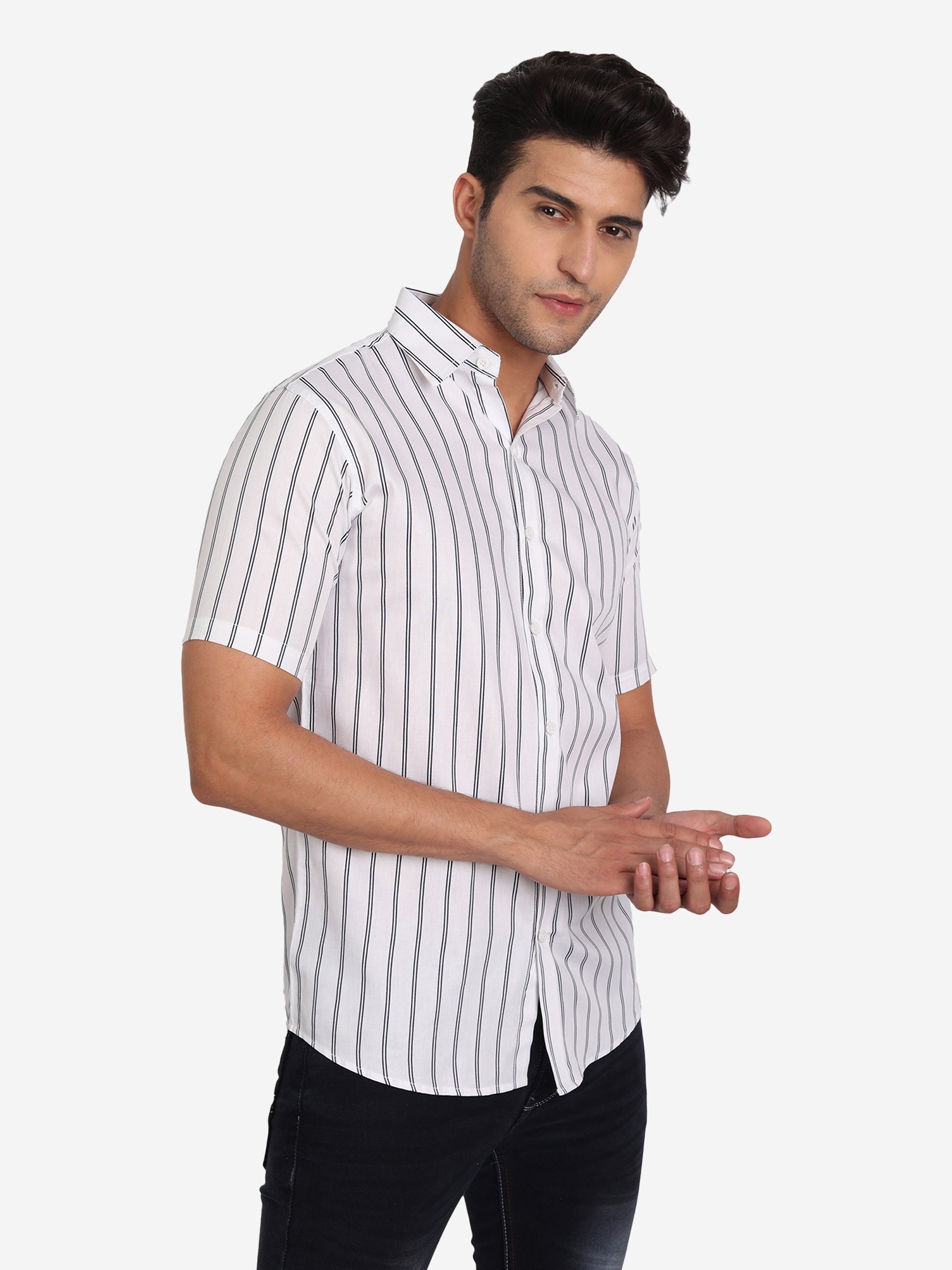 Men's Double Strip Half Sleeve Shirt in White by BLUE ROBED, front view