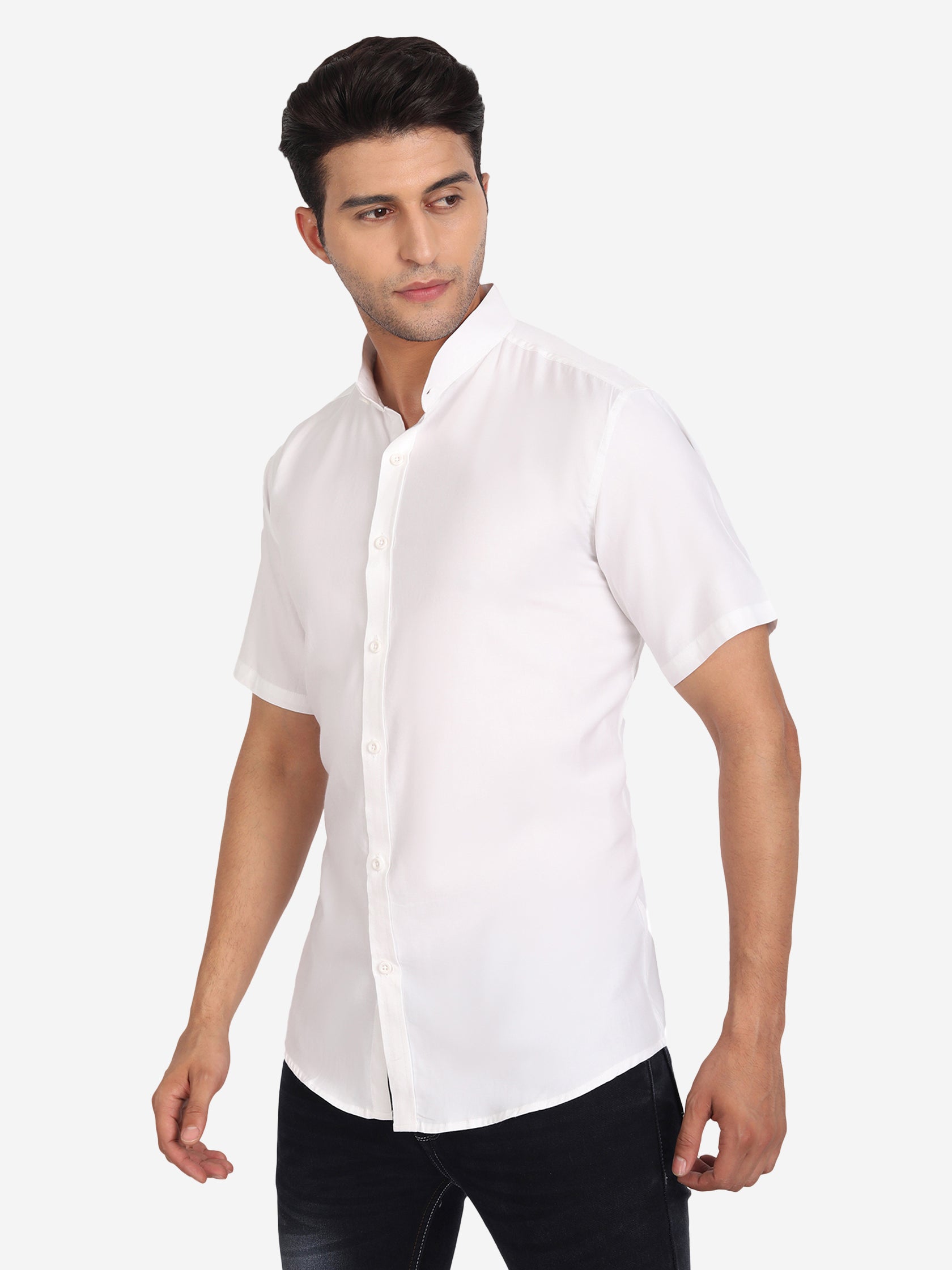 BLUE ROBED - Men's Pure Cotton Mandarin Collar Casual Half Sleeve Shirt - White Secondary image