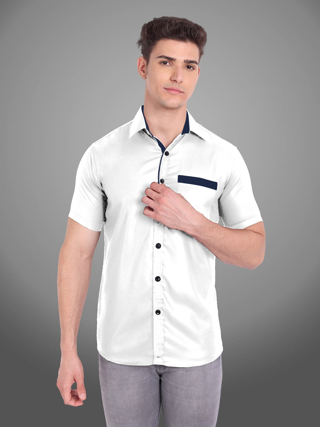 Men's Casual Half Sleeve Silver Button Shirt in Black by BLUE ROBED, style view