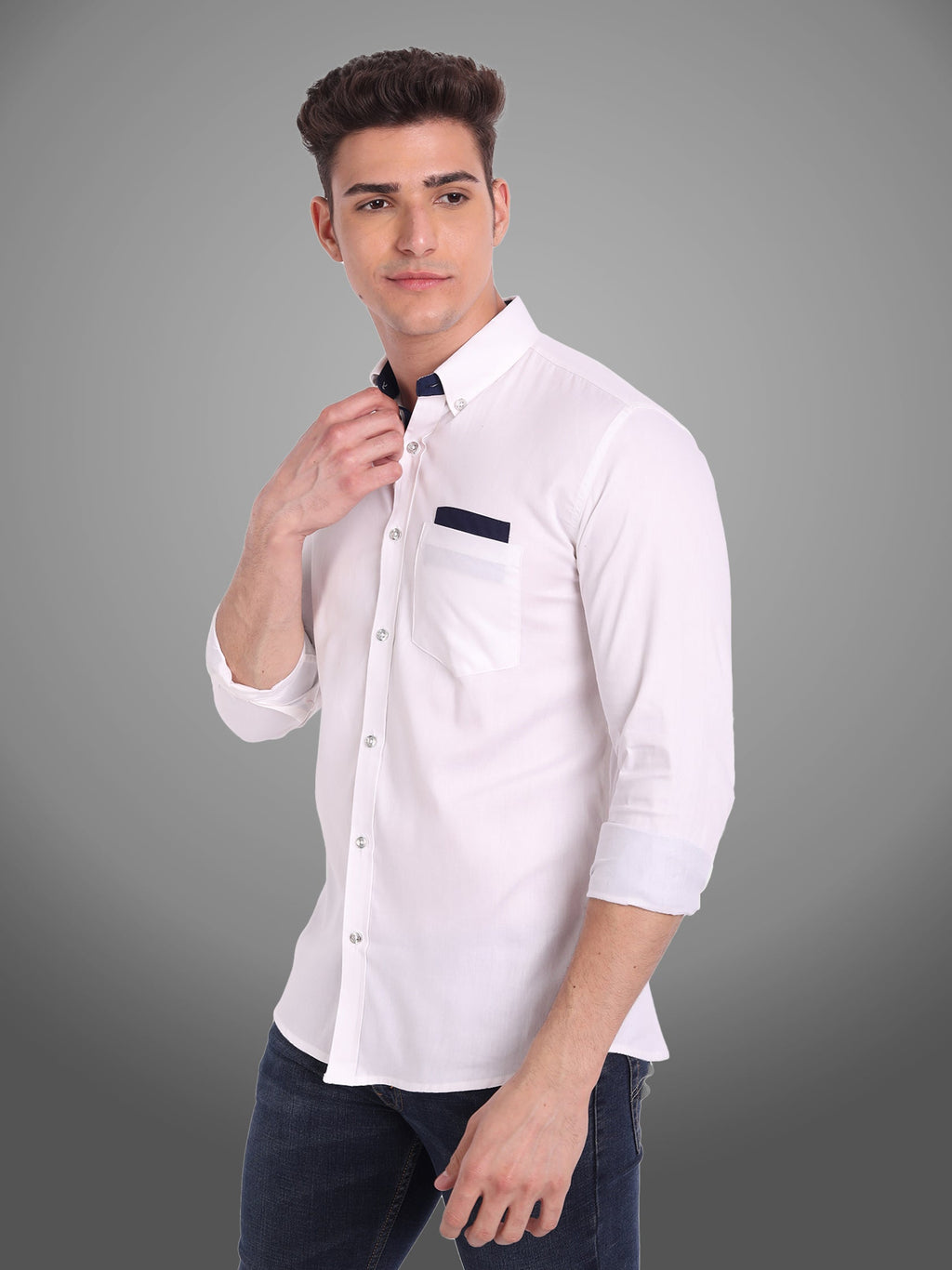 Men's Casual Full Sleeve Silver Button Shirt in White by BLUE ROBED, front view