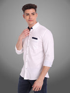 Men's Casual Full Sleeve Silver Button Shirt in White by BLUE ROBED, front view