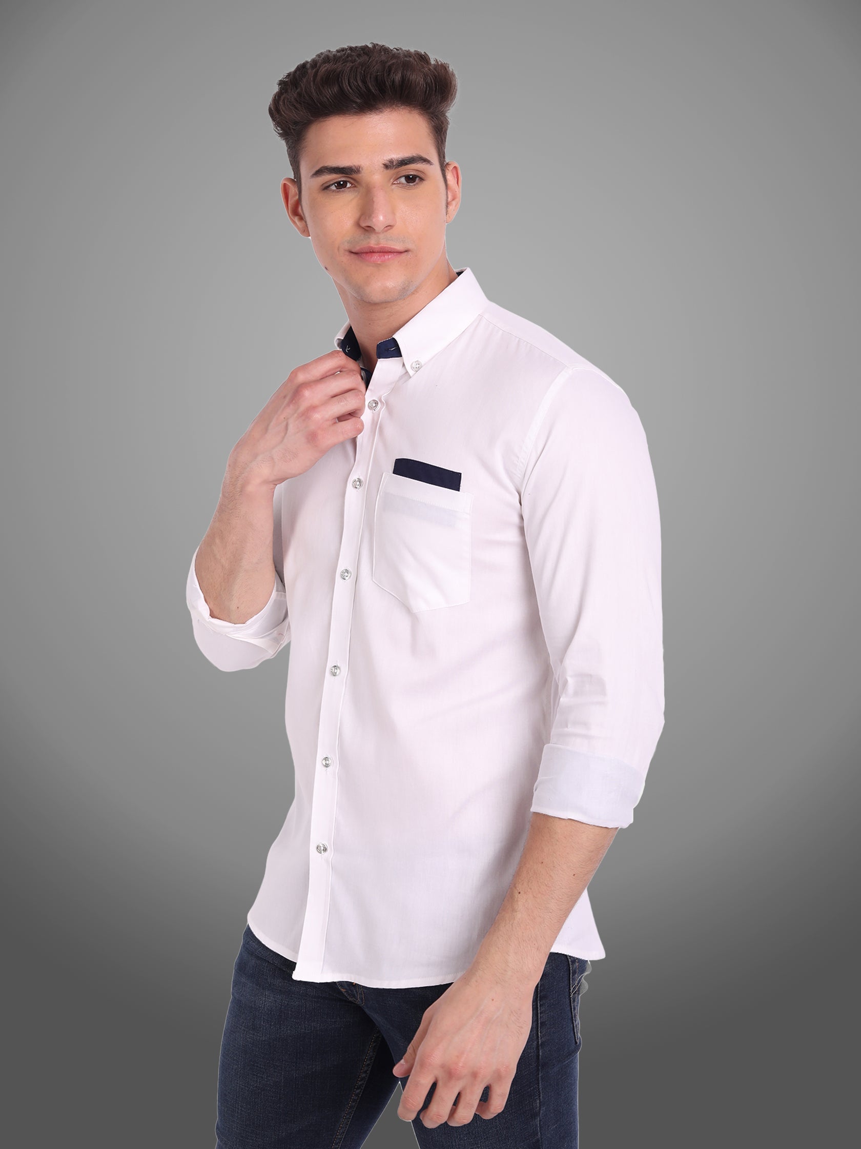 Men's Casual Full Sleeve Silver Button Shirt in White by BLUE ROBED, front view
